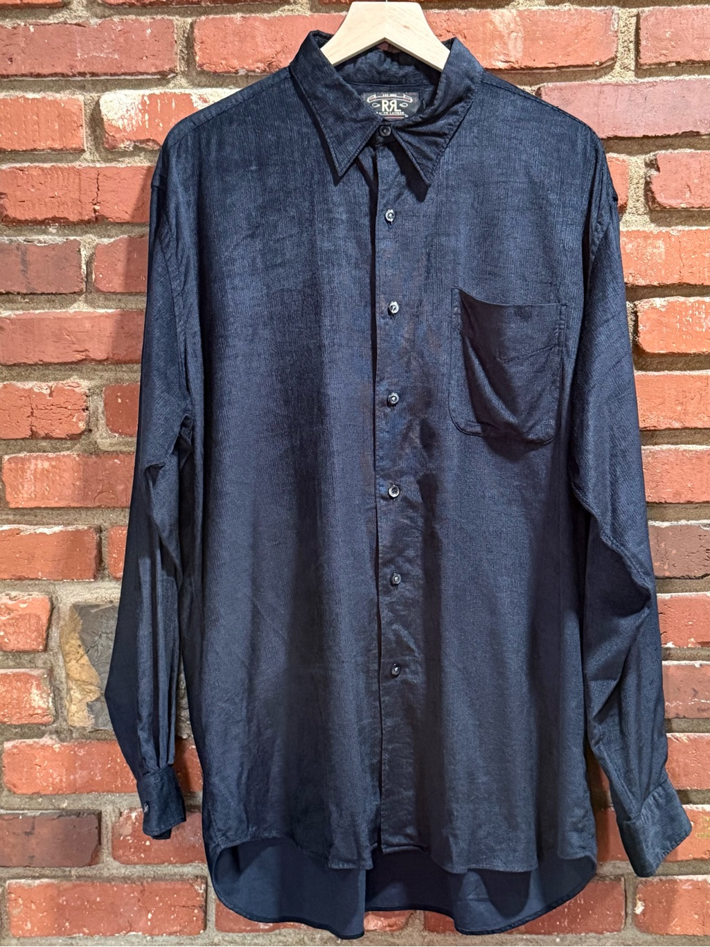 Double Rl Rrl Corduroy Shirt Rayon Cotton Large Dark Navy Button Up-Flaws Noted